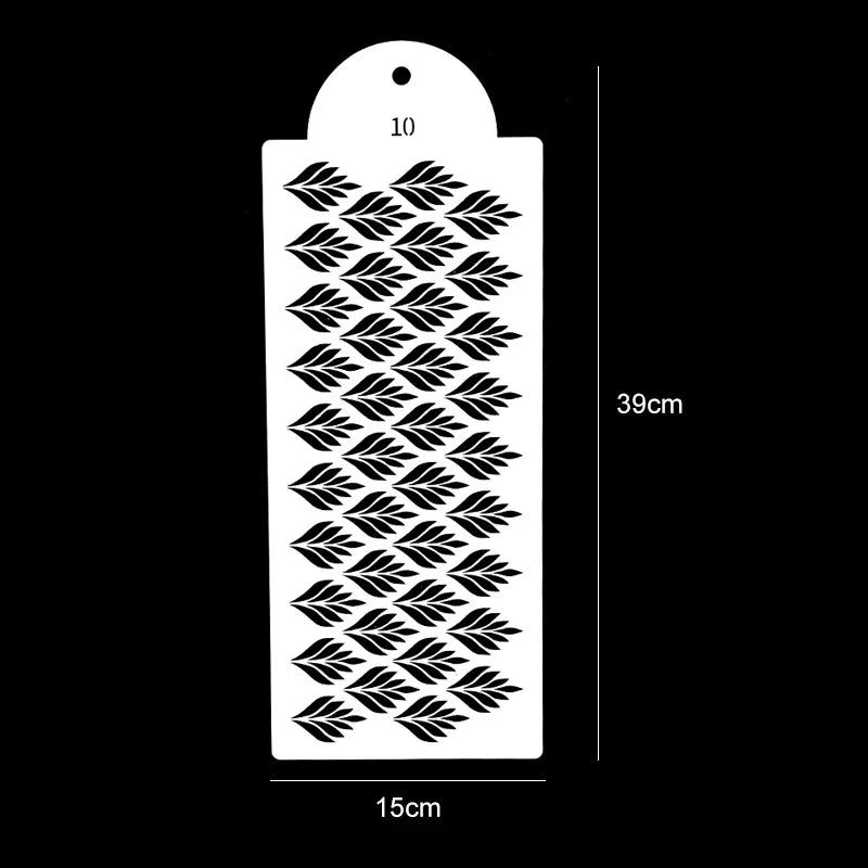 A black silhouette of a plastic cake stencil set with ten leaves, measuring 39cm high and 15cm wide.