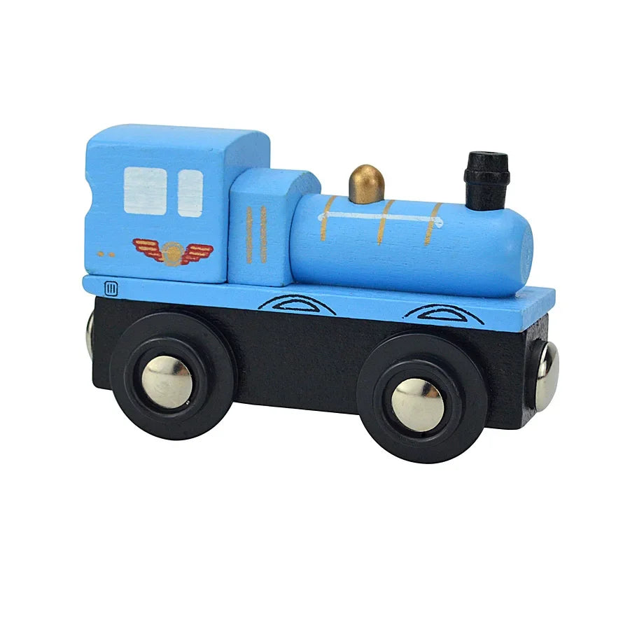 A blue wooden magnetic train car set with black wheels and a black smokestack.