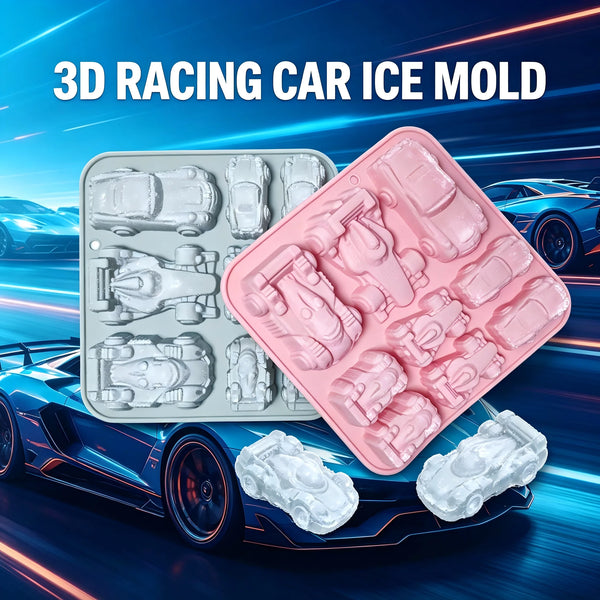 A pink silicone ice mold with multiple racing car shapes is displayed on a blue sports car.