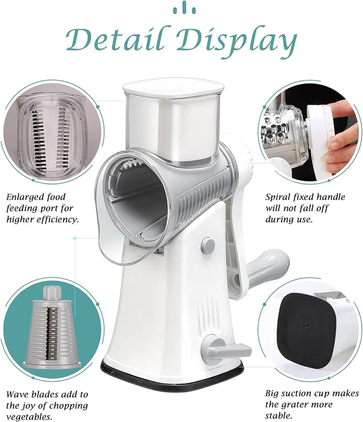Detail display of a white rotary kitchen grater and slicer showing various features like the feeding port, spiral handle, and