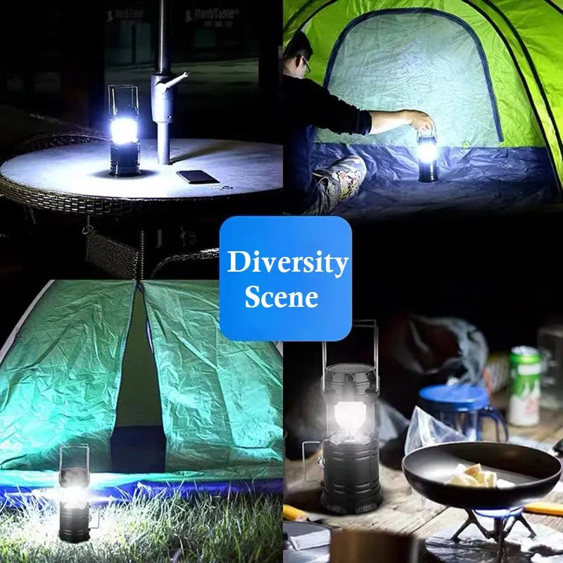 A diversity scene showing a portable solar LED flashlight and camping lantern used in various outdoor and indoor settings.