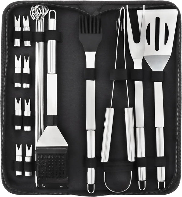 Schwarze Hülle mit Edelstahl-BBQ-Grillzubehör inklusive Gabeln, Pfannen und Grillwerkzeugen.