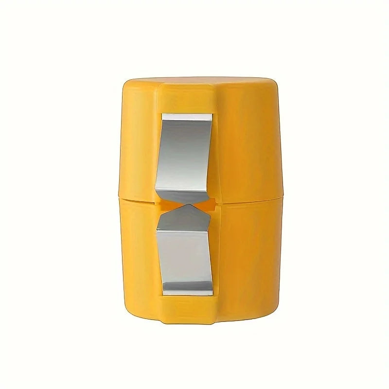 A yellow portable egg cracker and separator device.
