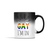 A white ceramic mug with black text that reads SOUNDS GAY I'M IN