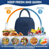A dark blue insulated lunch bag is shown with various food items and ice, illustrating its ability to keep food warm or fresh