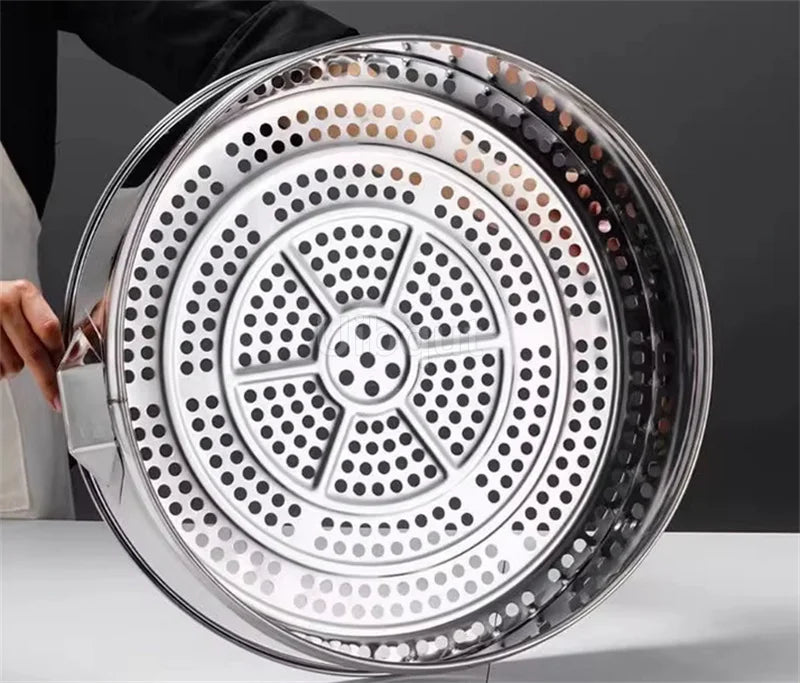 Extra large stainless steel steamer plate with circular perforations for baking and cooking