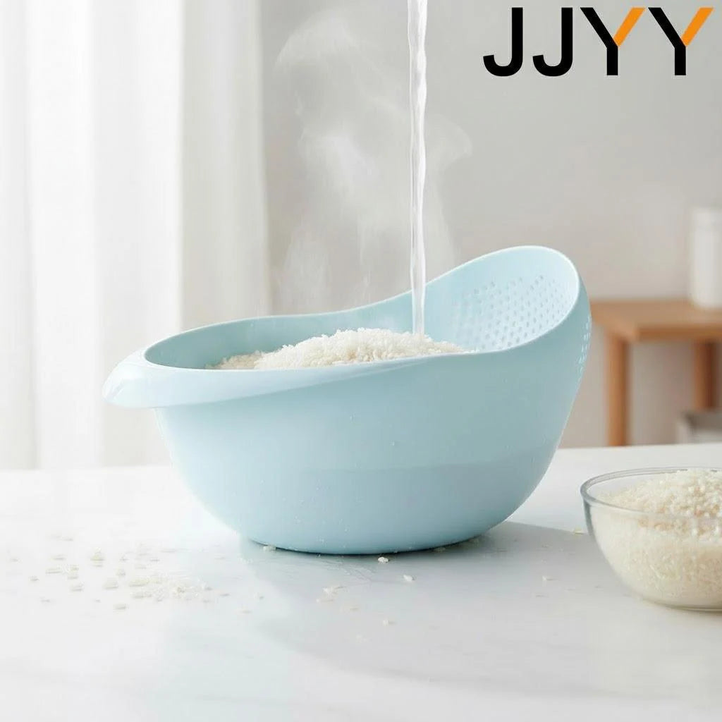 A light blue colander is shown with water dripping into it on a white surface.
