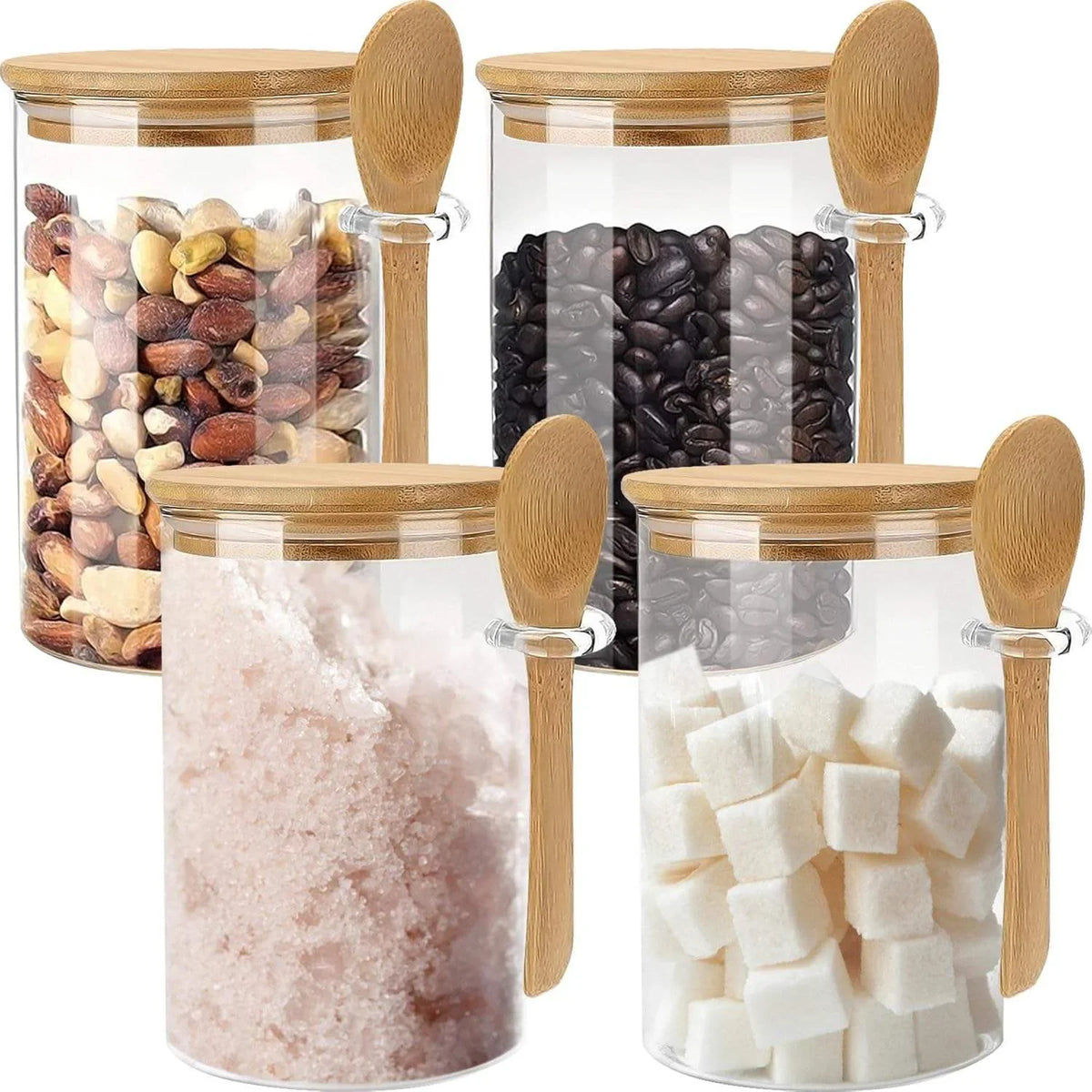 A set of airtight glass storage jars with bamboo lids containing various dry ingredients like seeds, beans, and salt.