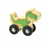 A wooden magnetic train car shaped like a green dinosaur with large wheels.
