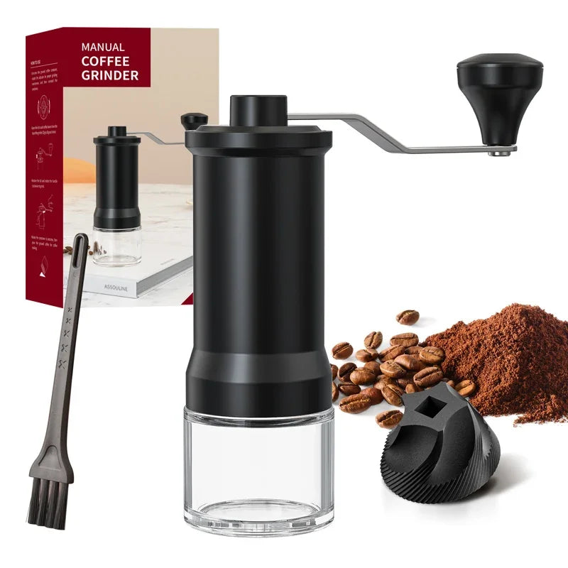 A black manual ceramic coffee grinder with an adjustable scale and a glass container, next to whole coffee beans and ground c