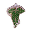 A green leaf enamel pin and brooch set featuring a stylized leaf design with white and gold accents.