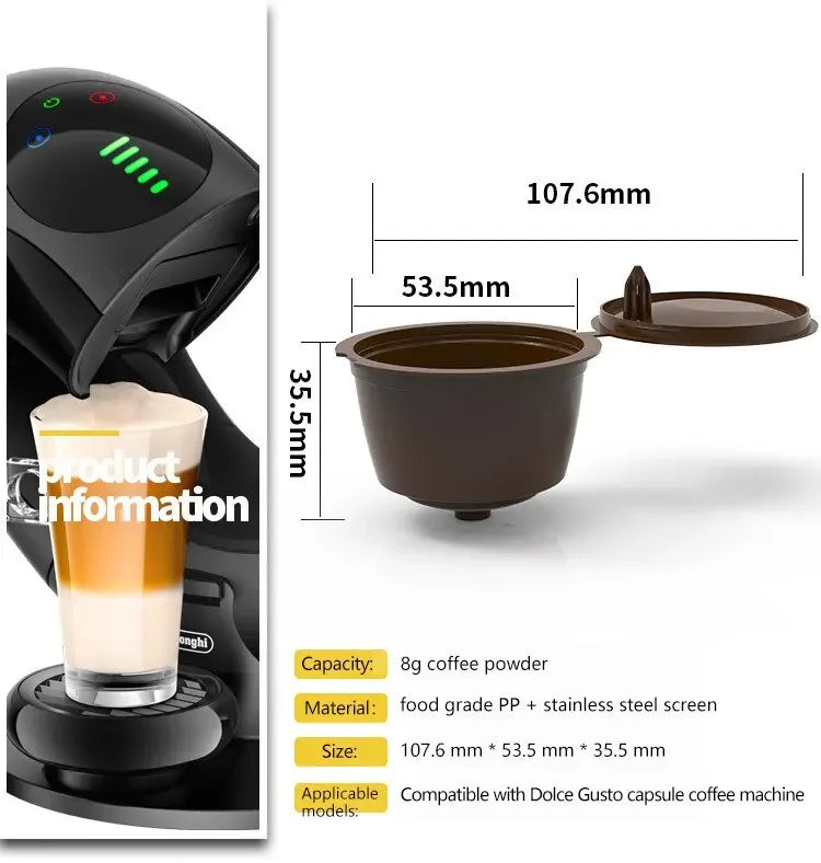 A reusable coffee capsule set including a glass, a brown cup, and a saucer for Dolce Gusto machines.