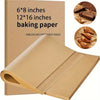 A roll of unbleached parchment baking paper with size options 6x8 and 12x16 inches shown next to baked goods.