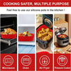 A set of reusable silicone pots and an air fryer liner basket shown with various cooking appliances.