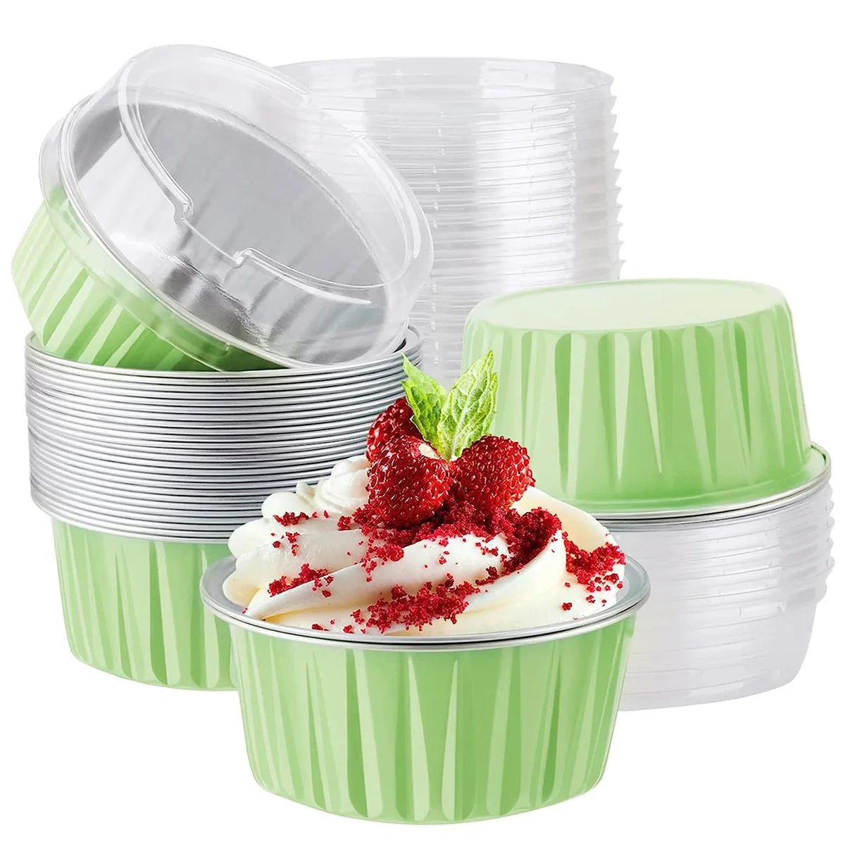 A stack of reusable aluminum foil baking cups with lids in a light green color.