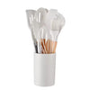 A white 12-piece silicone non-stick kitchen utensil set with various spoons and forks stored in a cylindrical container.
