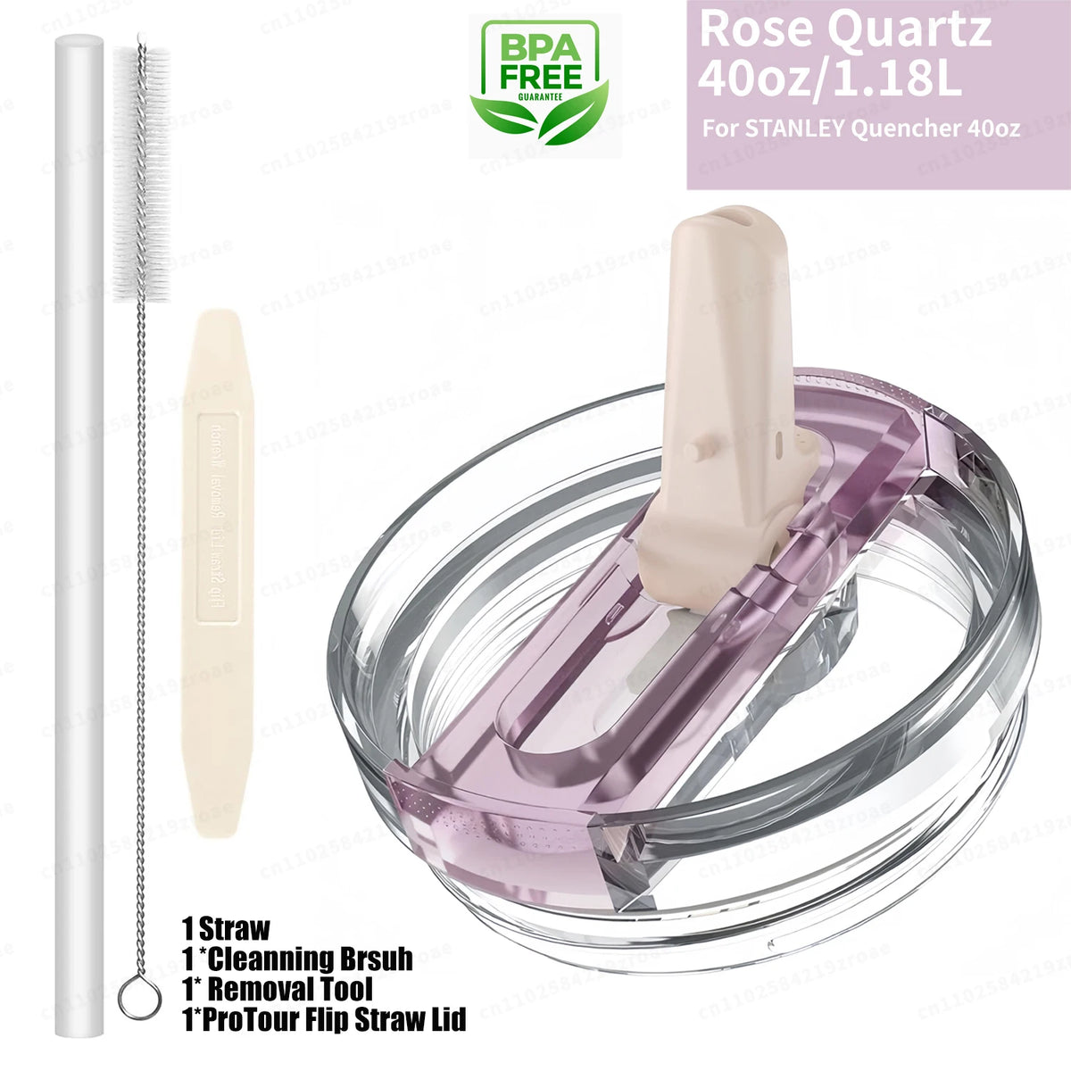 Rose Quartz BPA free replacement lid for a 40oz Stanley tumbler with a straw and cleaning brush tool