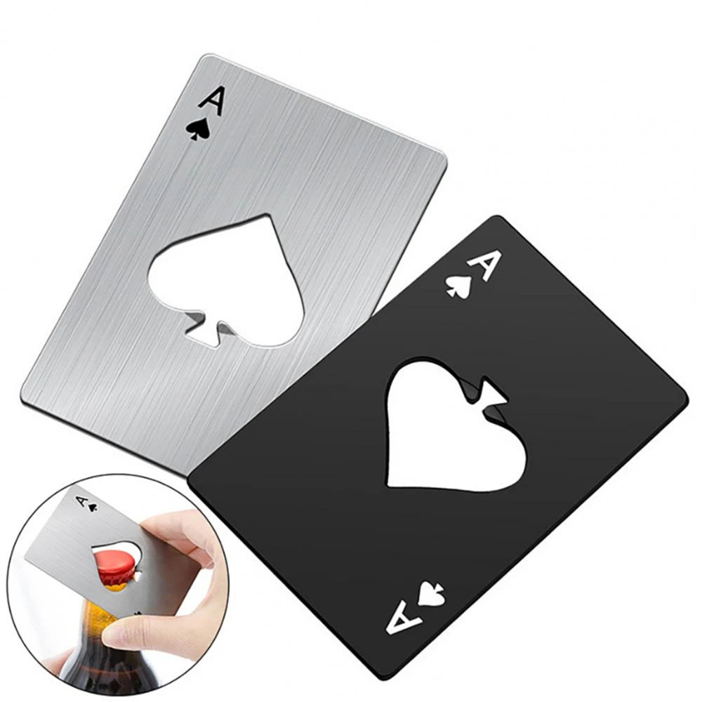 A silver poker shaped bottle opener is shown next to a black card shaped version and a hand using it.