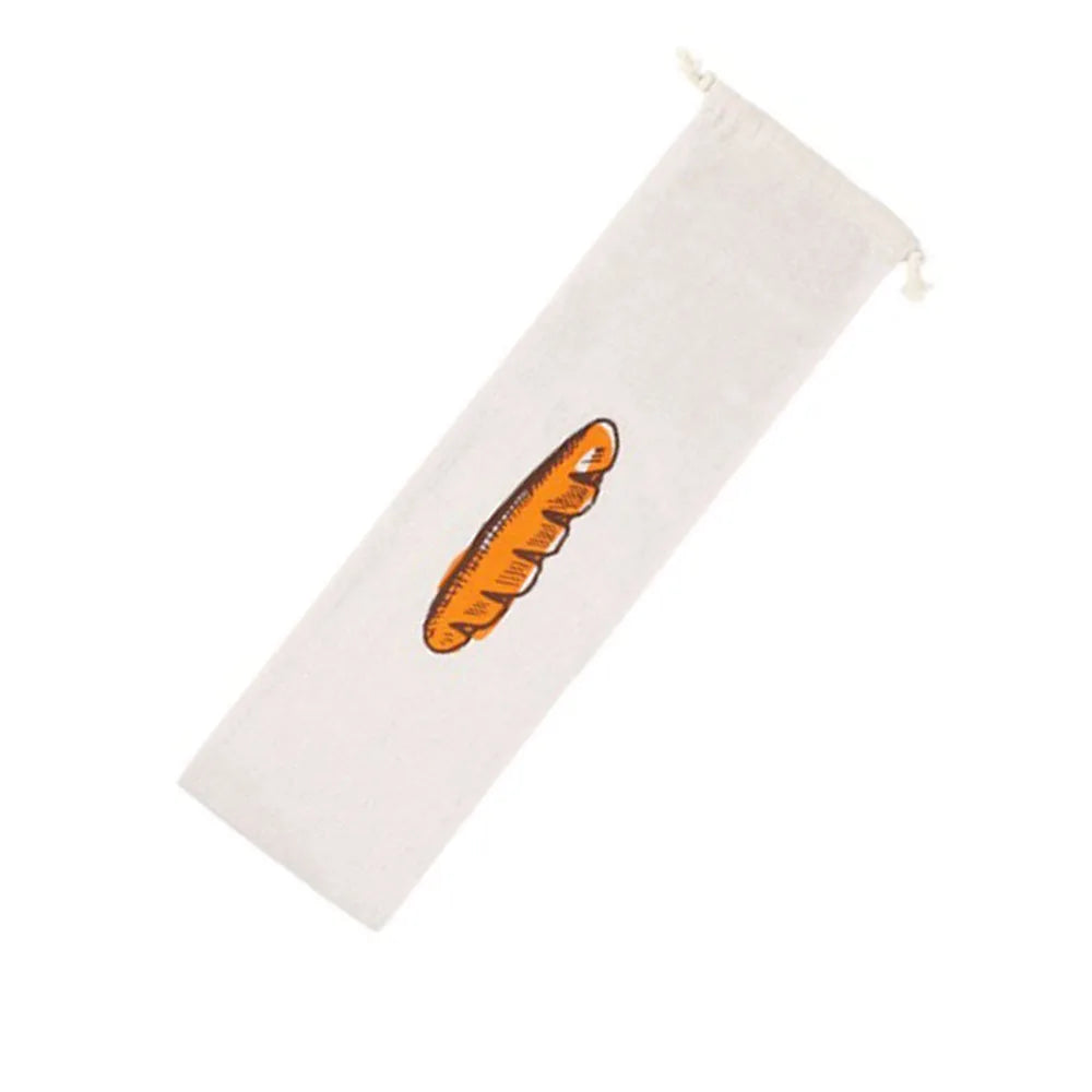 A white reusable linen bread bag with a drawstring closure and an orange illustration of a loaf of bread on the front.