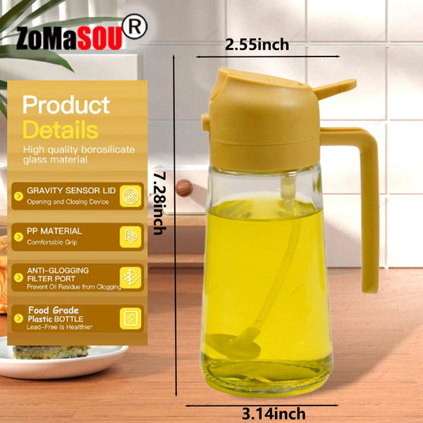 Gelbe Glasflasche mit Henkel neben Produktdetails und Maßen