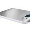 A silver digital kitchen scale with a white base and an on/off button is shown from a top-down angle.