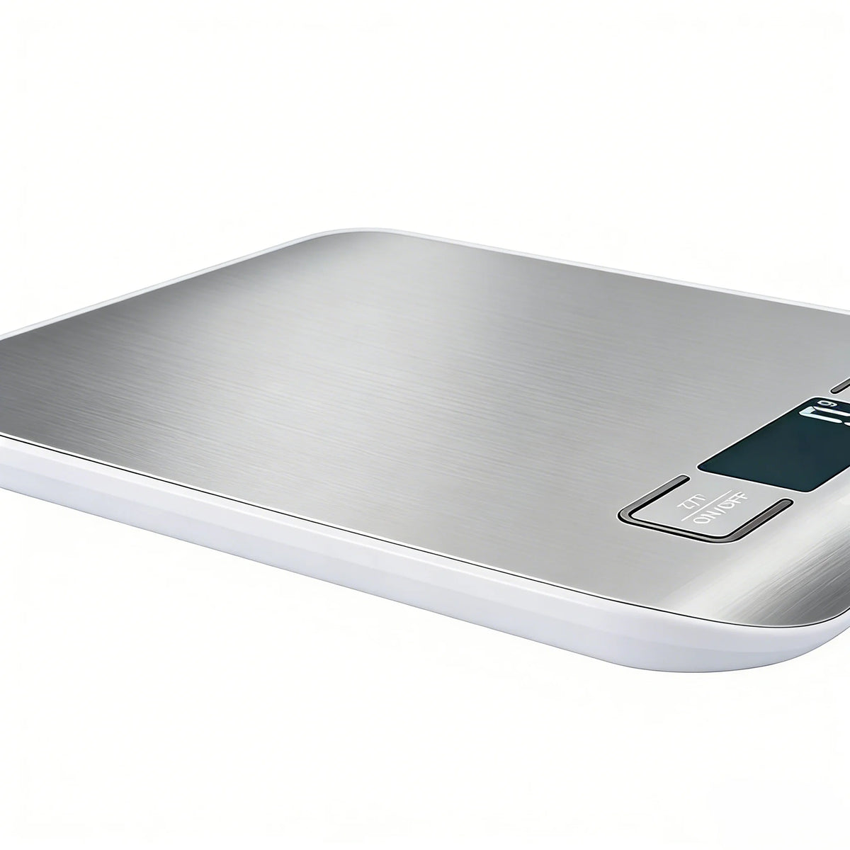 A silver digital kitchen scale with a white base and an on/off button is shown from a top-down angle.