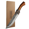 Cuchillo de cocina de acero inoxidable forjado con mango de madera y funda metálica decorativa, junto a su caja de cartón.