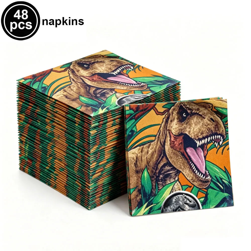 A set of 48 dinosaur-themed napkins packaged in a box.