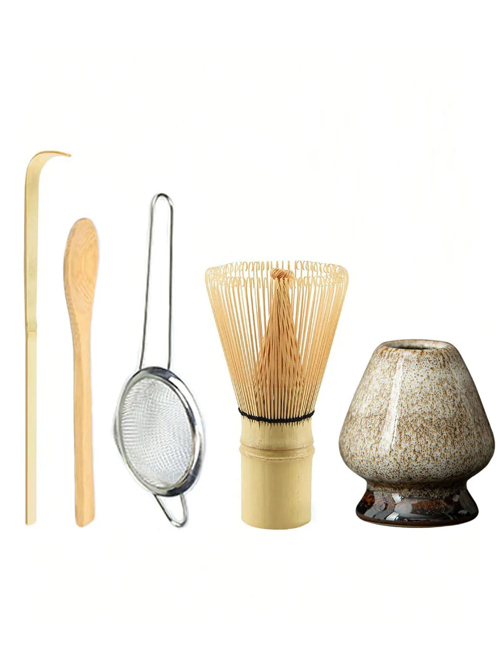 A set of natural bamboo tea tools including a ladle, spoon, strainer, and ceramic cup.