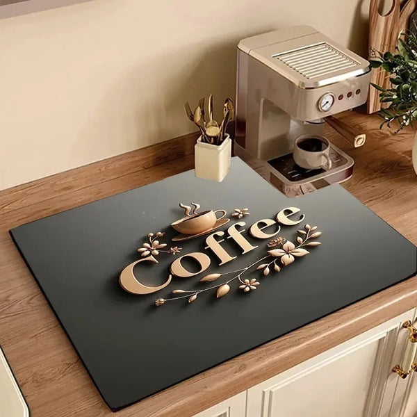 Moderne Kaffeetrockenmatte mit Design aus Kaffeeblättern und einem kleinen elektrischen Kaffeemühle.