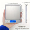 A hand holds a silver digital kitchen scale with a blue display, showing its size and ease of use.