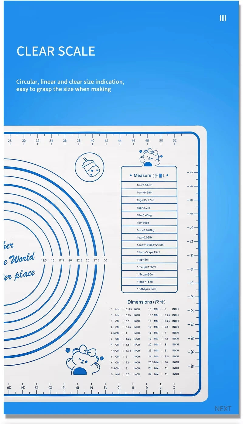 A clear scale ruler shows measurements for a silicone rolling pin and baking mat set.