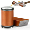 A wooden roller with a metal lid and a diamond knife sharpening blade shown next to the product.