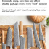 A set of seven V-shaped Damascus steel Japanese kitchen knives with wooden handles displayed on a wooden cutting board.