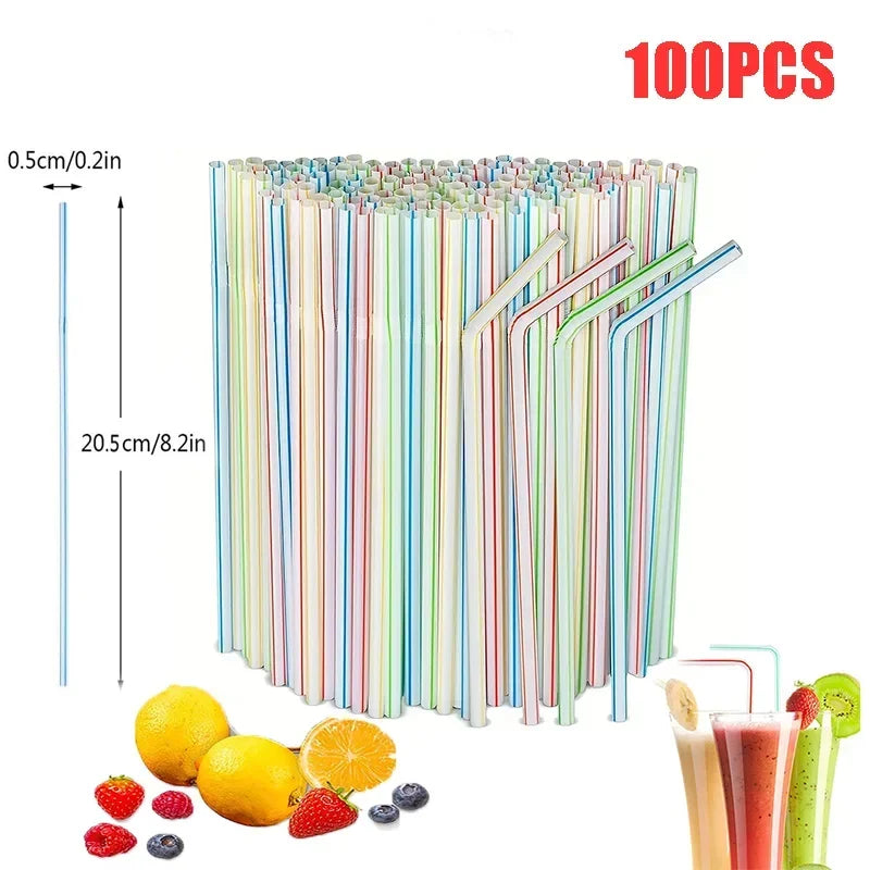 Ein Bund von 100 farbenfrohen Einweg-Plastikstrohhalmen in verschiedenen Farben und Stärken.