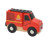 A red wooden magnetic train car set shaped like a fire department vehicle with a ladder on top.