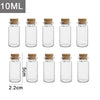 A set of clear glass bottles with cork stoppers, labeled as 10ML decorative message and wishing bottles.
