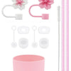 A set of reusable silicone straw covers and cleaning brushes in pink and white.