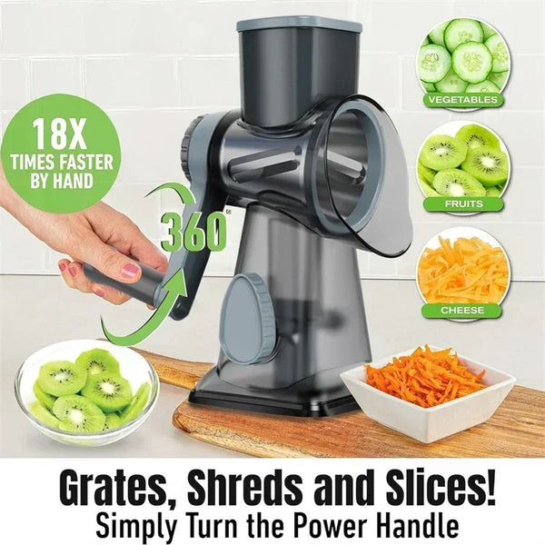 Eine Hand bedient einen grauen Rundgratler und Slicer, der Lebensmittel wie Käse oder Gemüse reiben, zerkleinern und schneide