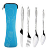 A blue silicone storage sleeve holds a set of stainless steel cutlery including a fork, knife, and spoon.