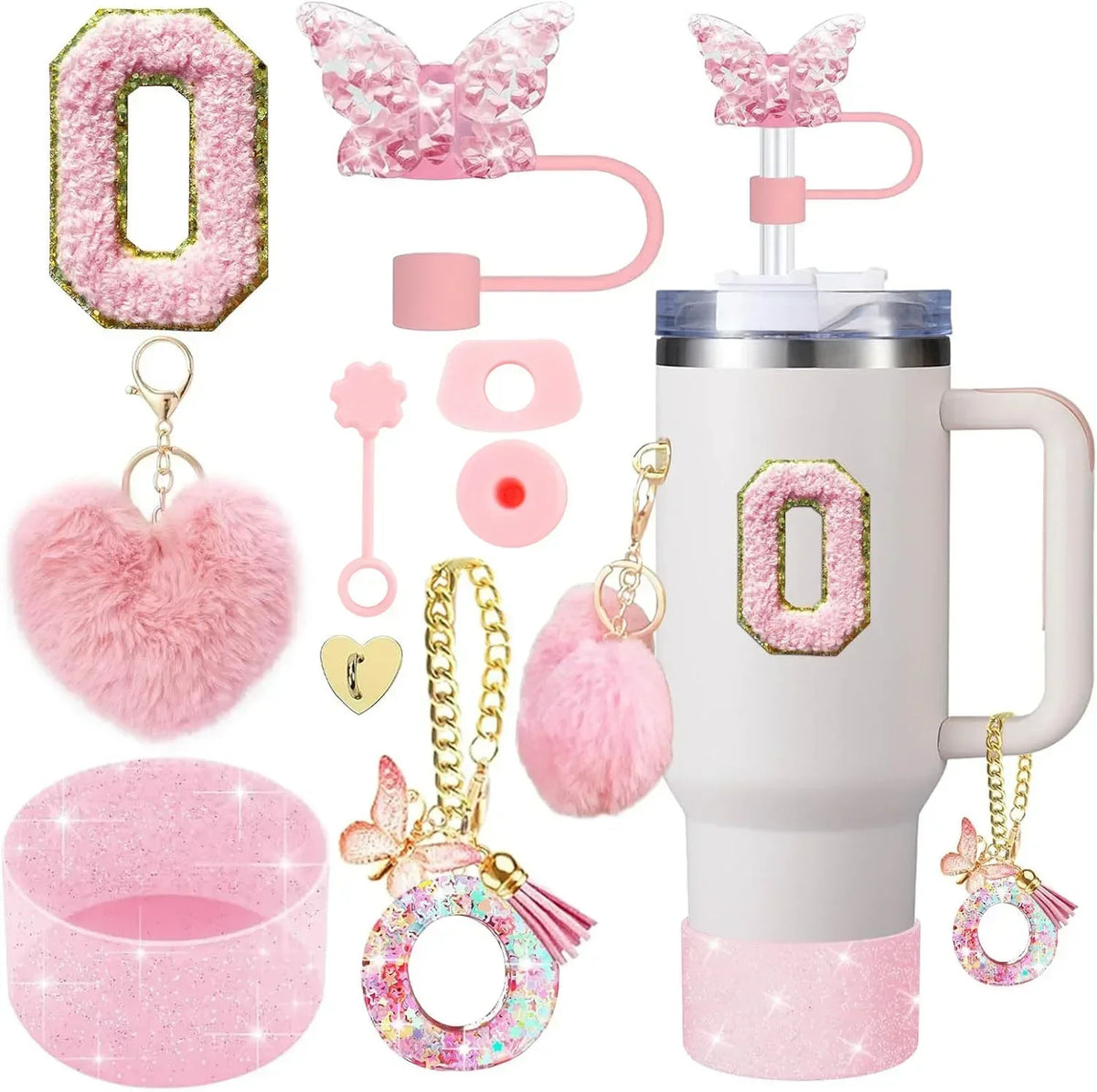 A kit of customizable tumbler accessories including a silicone boot, straw covers, and charm for a tumbler.