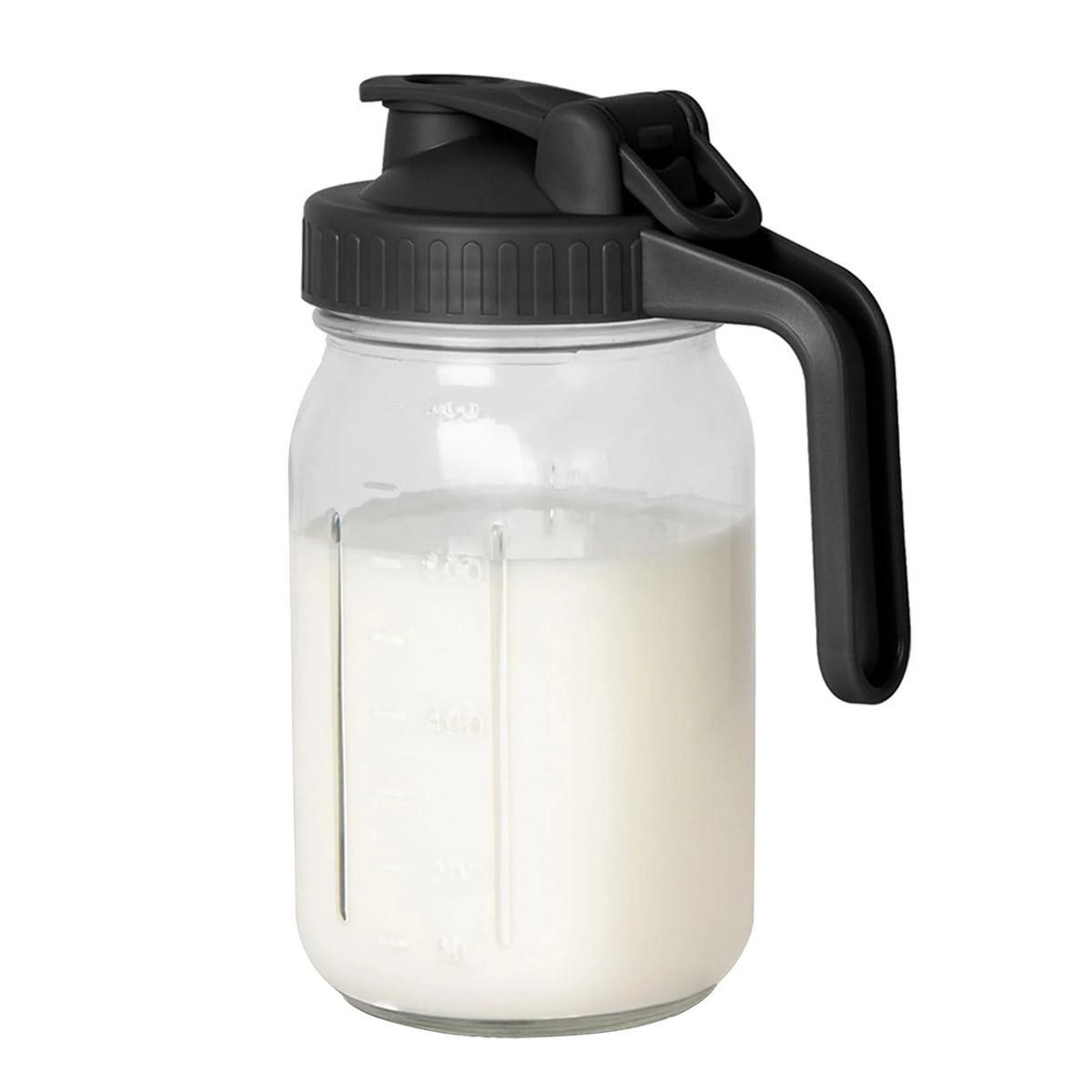 Jarra de vidrio transparente con tapa y asa negra, para jugos y bebidas.