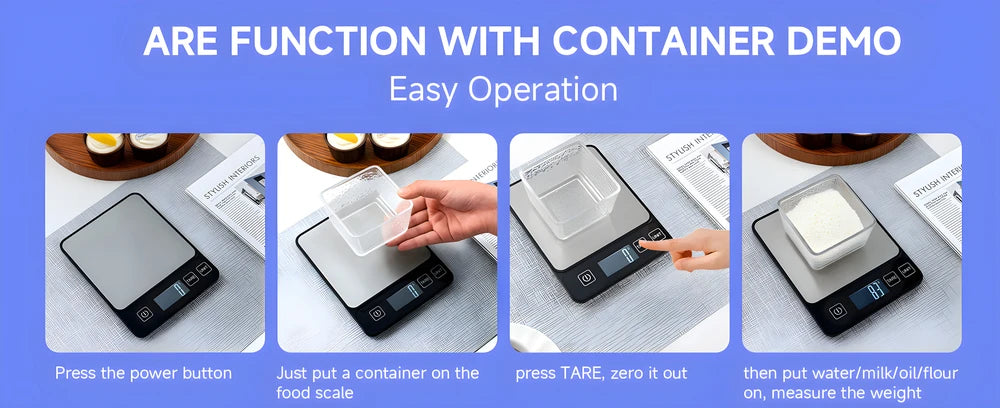 Demonstration of a precision digital kitchen scale using a container for easy operation.