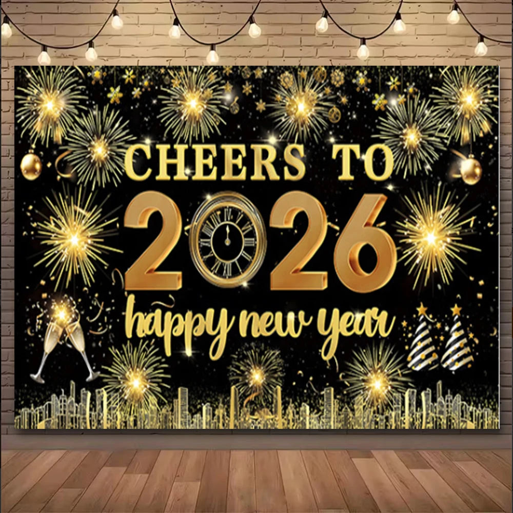 A festive black background with gold fireworks and the text Cheers to 2026 happy new year