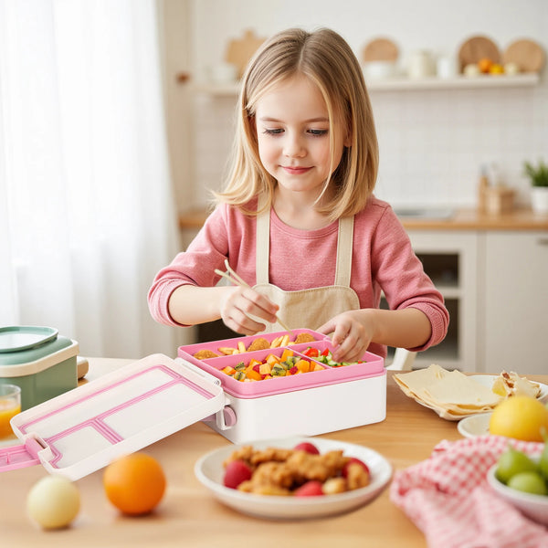 Ein junges Mädchen bereitet in einer rosa Bento-Box Obst und Snacks auf einem Holztable bereit.