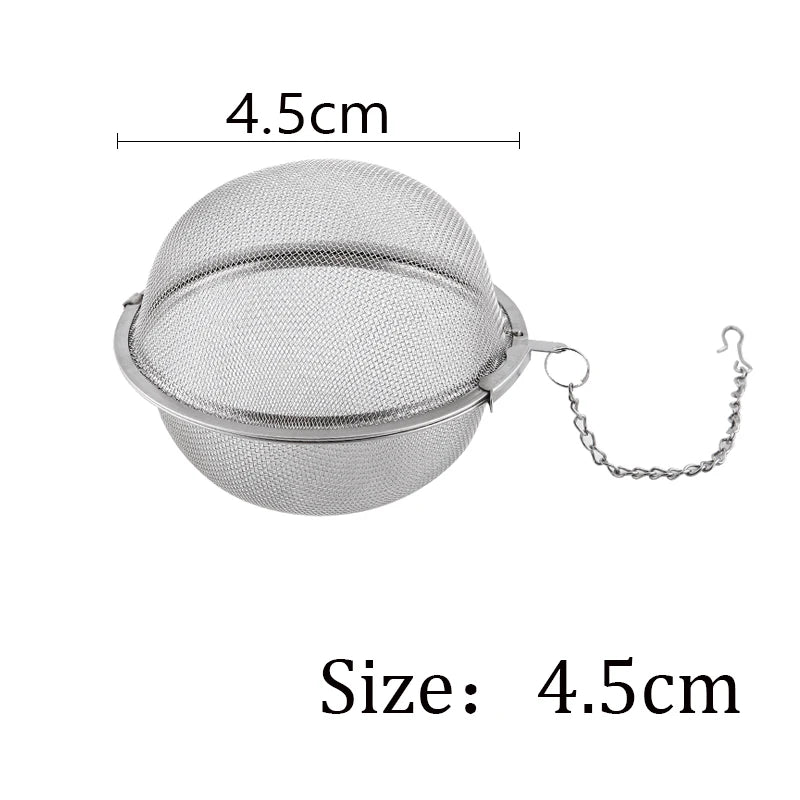 A silver stainless steel tea infuser sphere with a 4.5cm diameter and a chain for hanging.