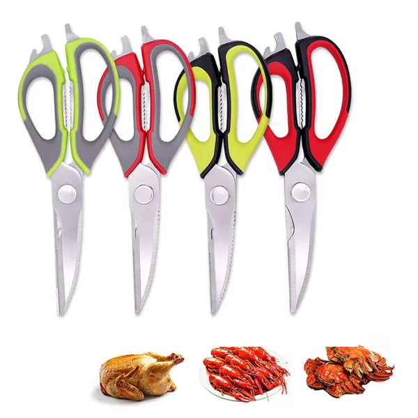 Set schwere Küchenschere mit multifunktigen Klingen in verschiedenen Farben, darunter grün, rot und schwarz.