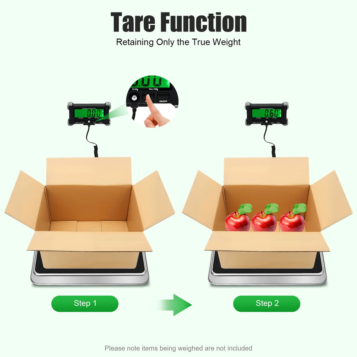 A digital scale demonstrates the Tare Function by weighing an empty box and then a box with items.
