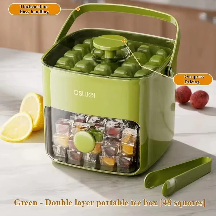 A green double-layer portable ice box filled with ice cubes, shown on a white surface.
