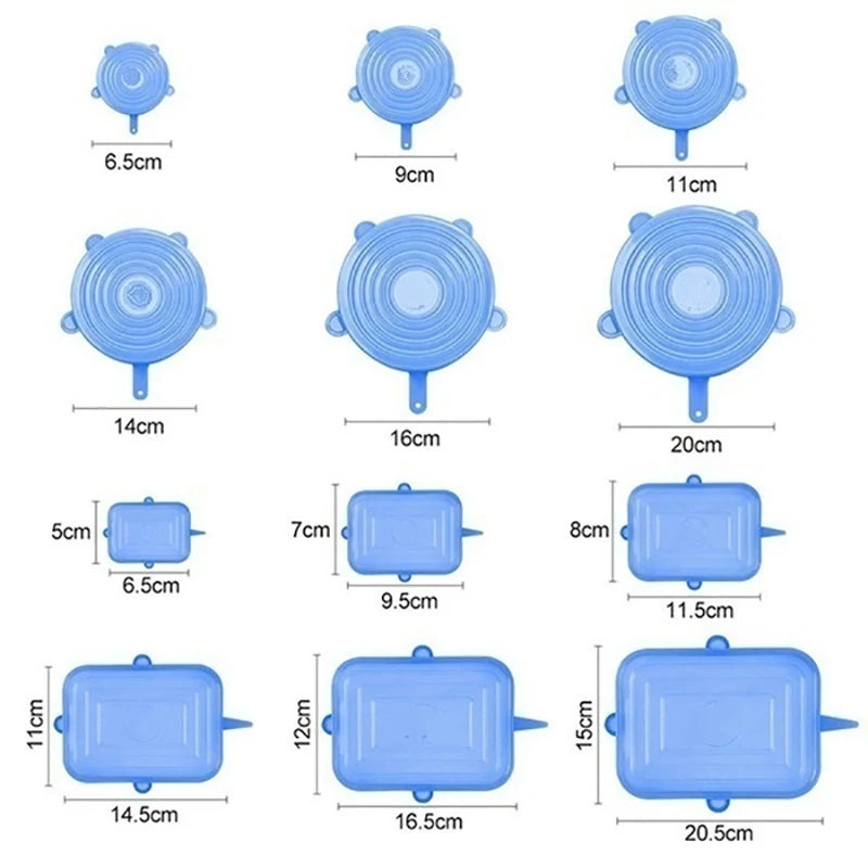 A set of reusable silicone food storage lids in various sizes and shapes for airtight freshness.